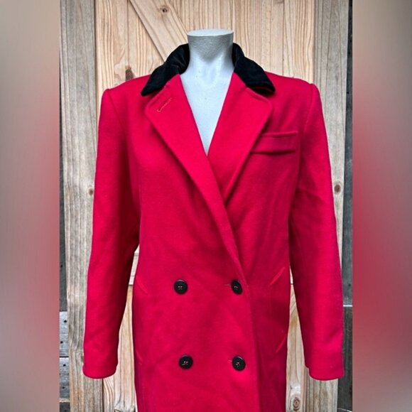 Vintage Alorna Long Red Wool Black Velvet Collar Double Breasted Maxi Coat~M~ - Picture 2 of 8